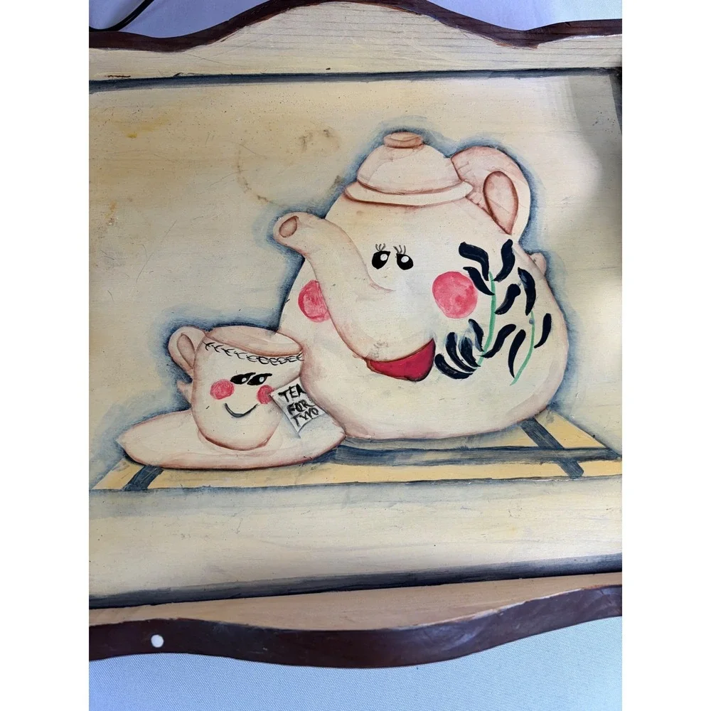Vintage Hand Painted‎ Wooden Tea Tray Teapot Kitchen Serving Cottage Decor